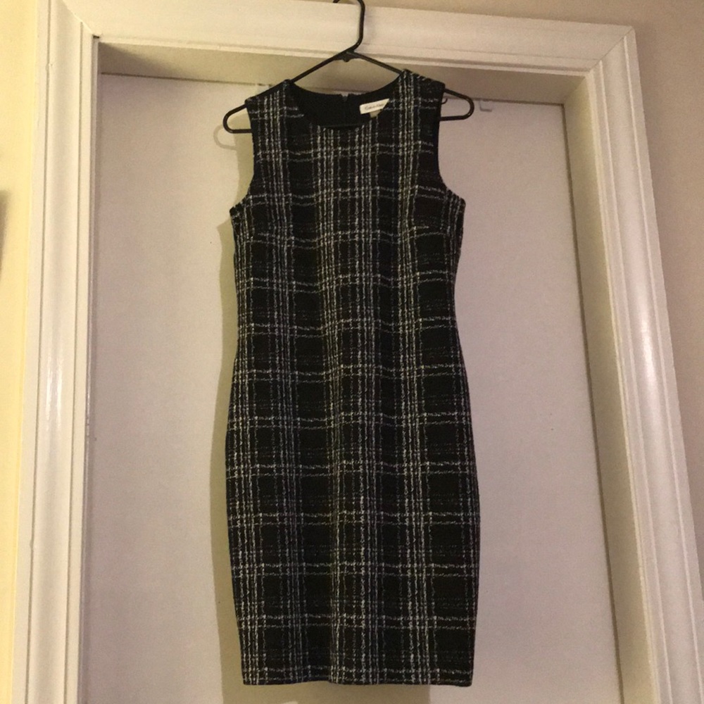 Classic Calvin Klein work dress. Black w/yt plaid.